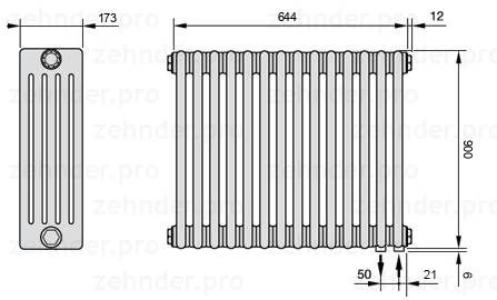 Схема (чертеж) Радиатор Zehnder Charleston 5090/14 №5510 Белый глянцевый RAL 9016
